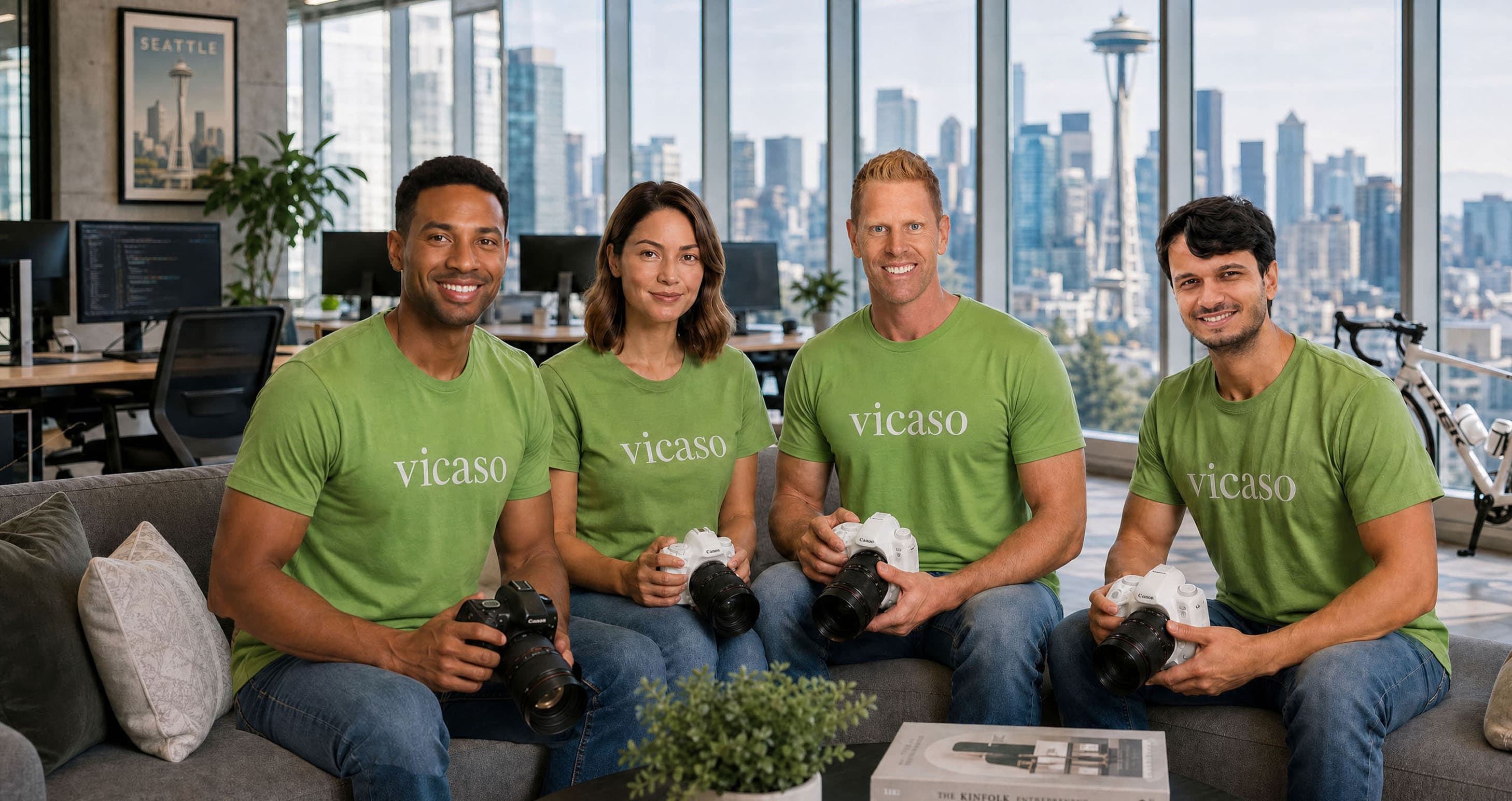 Vicaso team in green shirts holding cameras in a modern downtown Seattle office with skyline view
